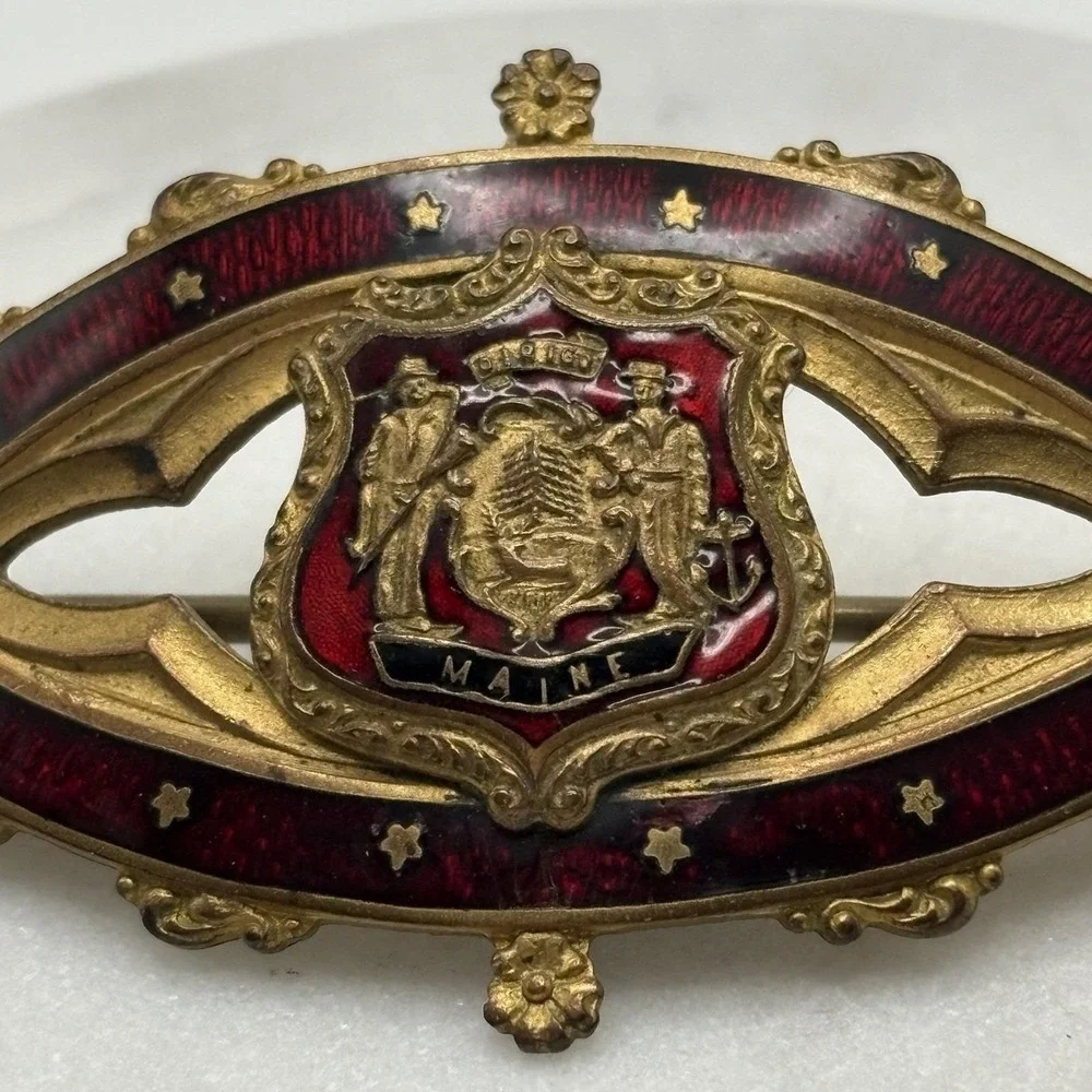 Antique Victorian Sash Pin Guilloche Enamel Pin Brooch Maine Coat of Arms